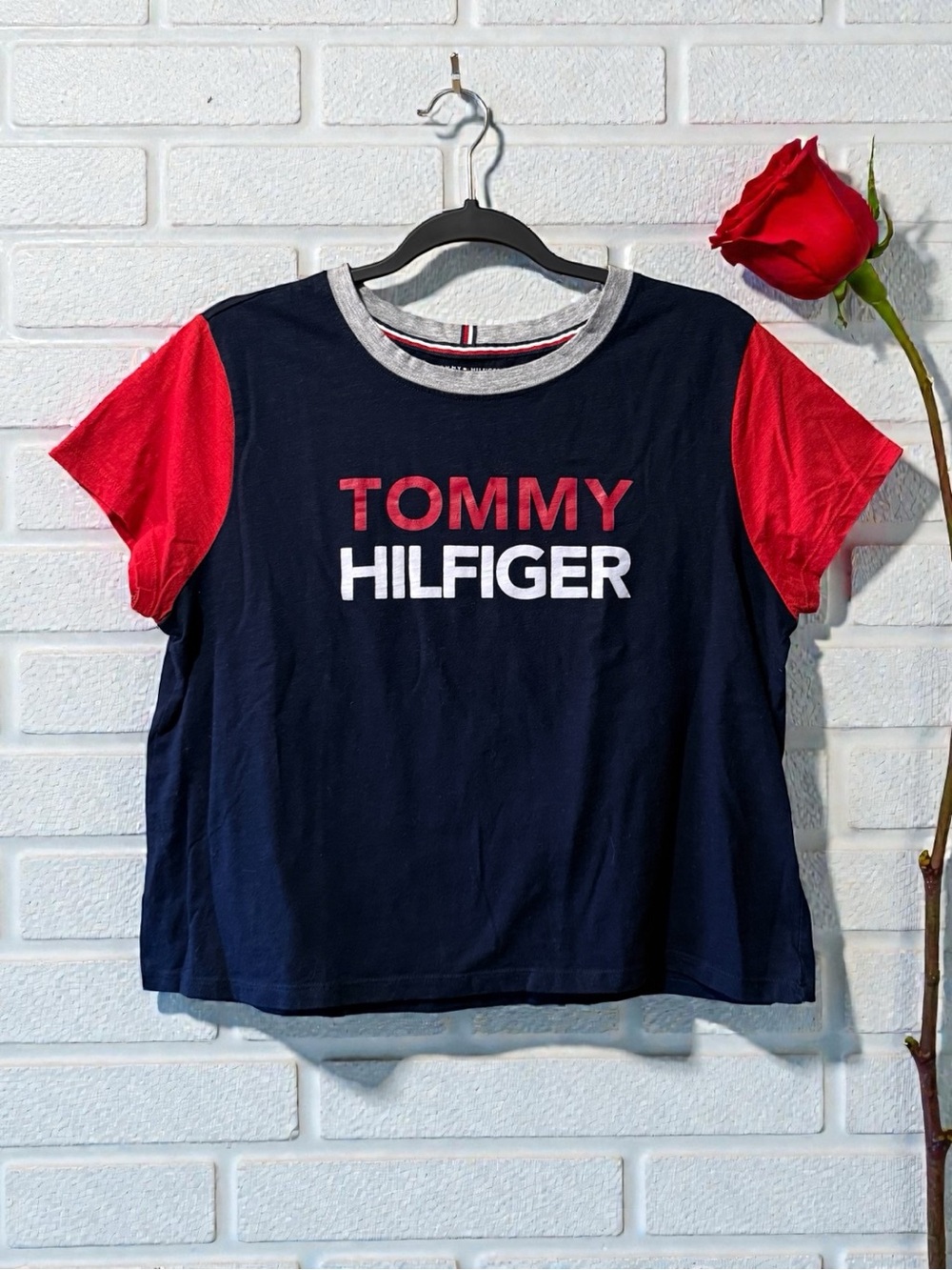 Tommy Hilfiger Navy T/Shirt with Red Sleeves & Grey Neck Trim
